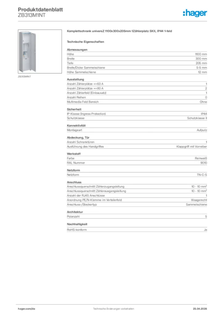 Bild Hager Produktdatenblatt ZB313M1NT | Hager Deutschland