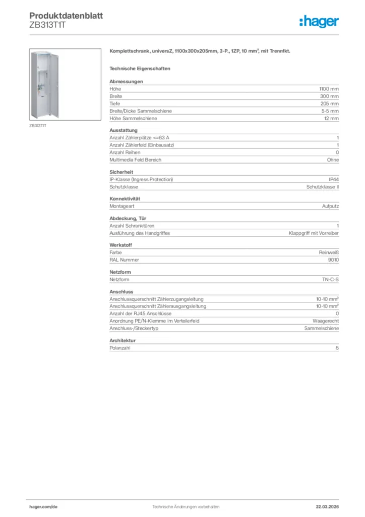 Bild Hager Produktdatenblatt ZB313T1T | Hager Deutschland