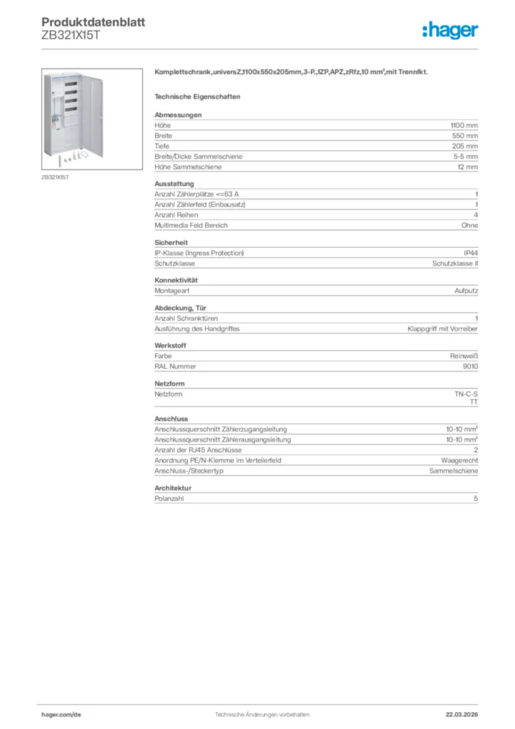 Bild Hager Produktdatenblatt ZB321X15T | Hager Deutschland
