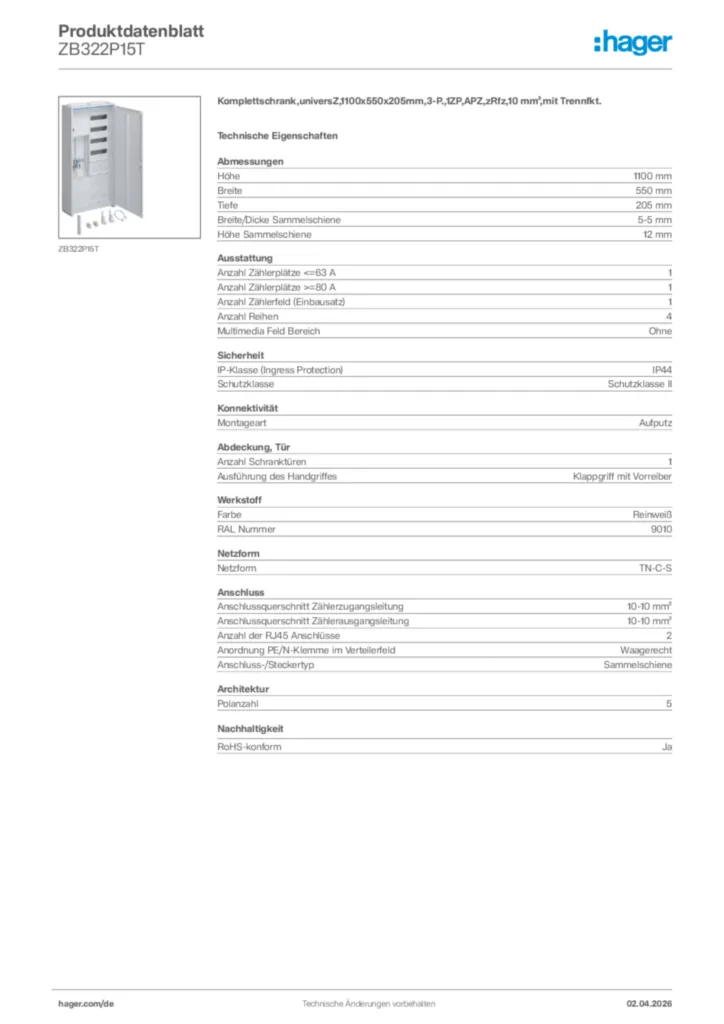 Bild Hager Produktdatenblatt ZB322P15T | Hager Deutschland