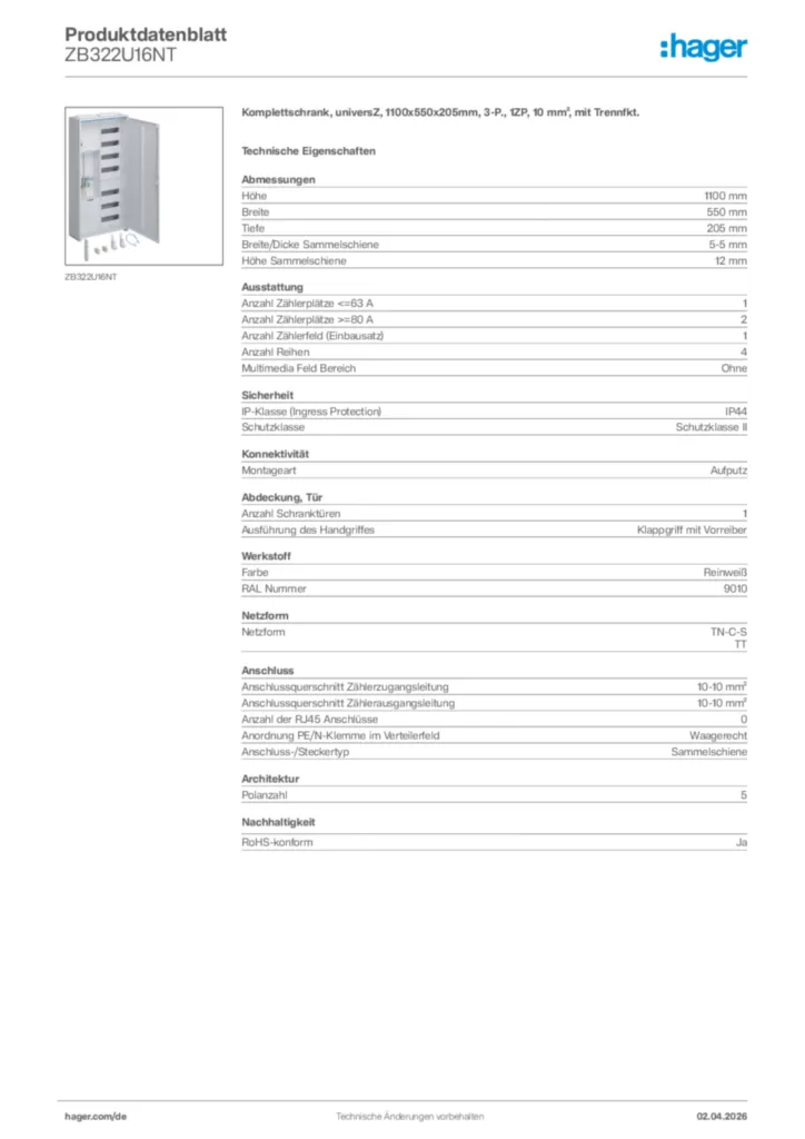 Bild Hager Produktdatenblatt ZB322U16NT | Hager Deutschland