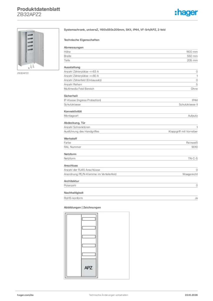 Bild Hager Produktdatenblatt ZB32APZ2 | Hager Deutschland