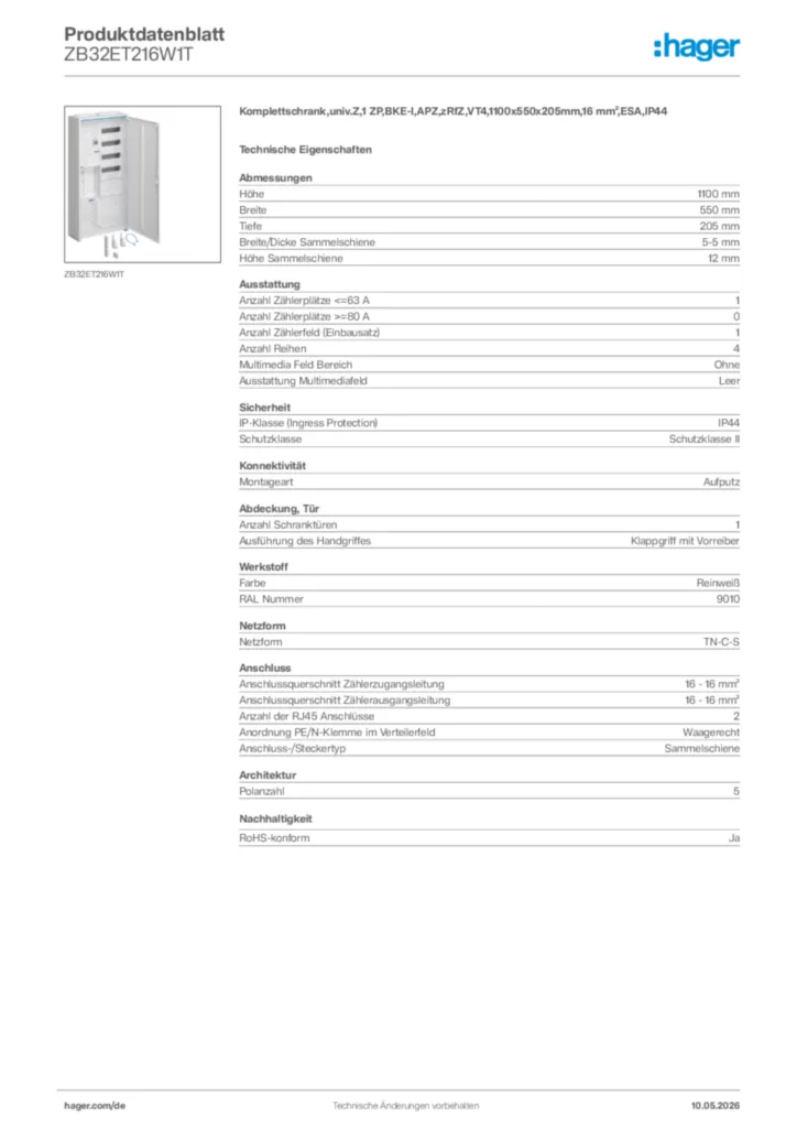 Bild Hager Produktdatenblatt ZB32ET216W1T | Hager Deutschland