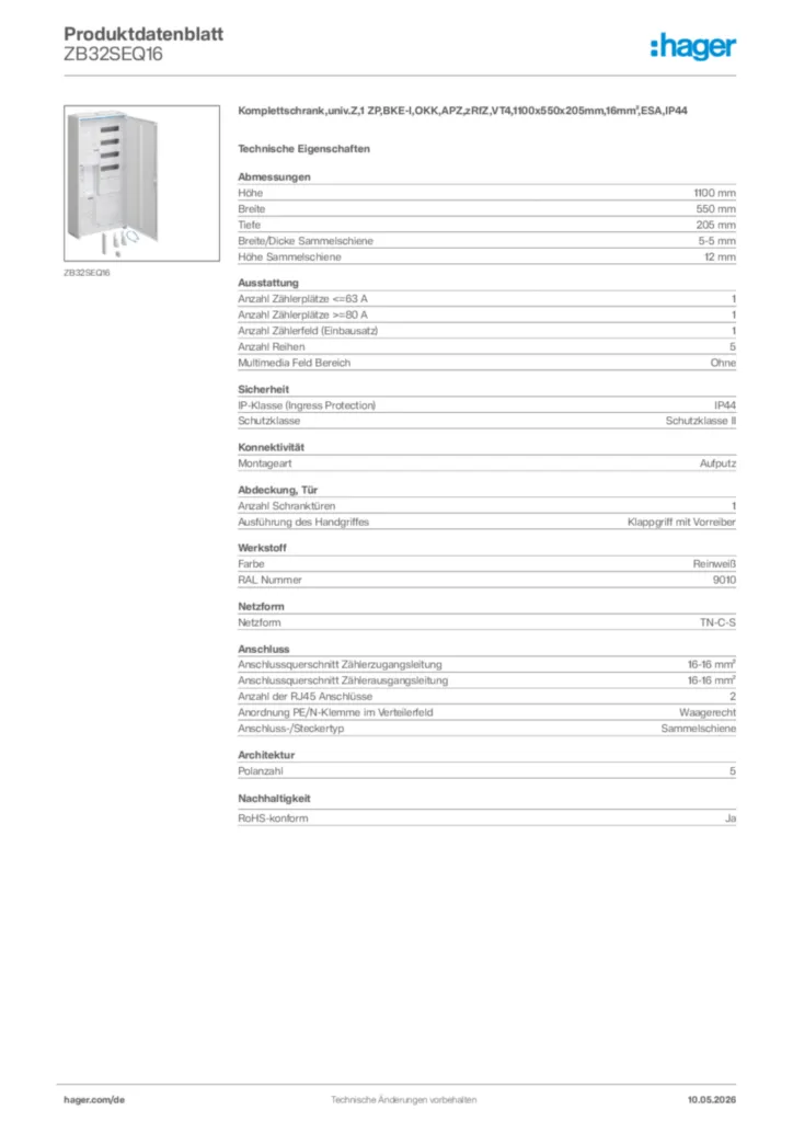 Bild Hager Produktdatenblatt ZB32SEQ16 | Hager Deutschland