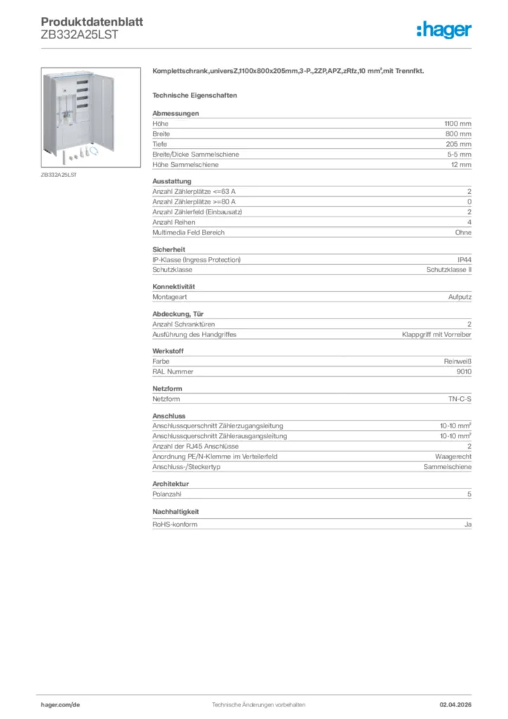 Bild Hager Produktdatenblatt ZB332A25LST | Hager Deutschland