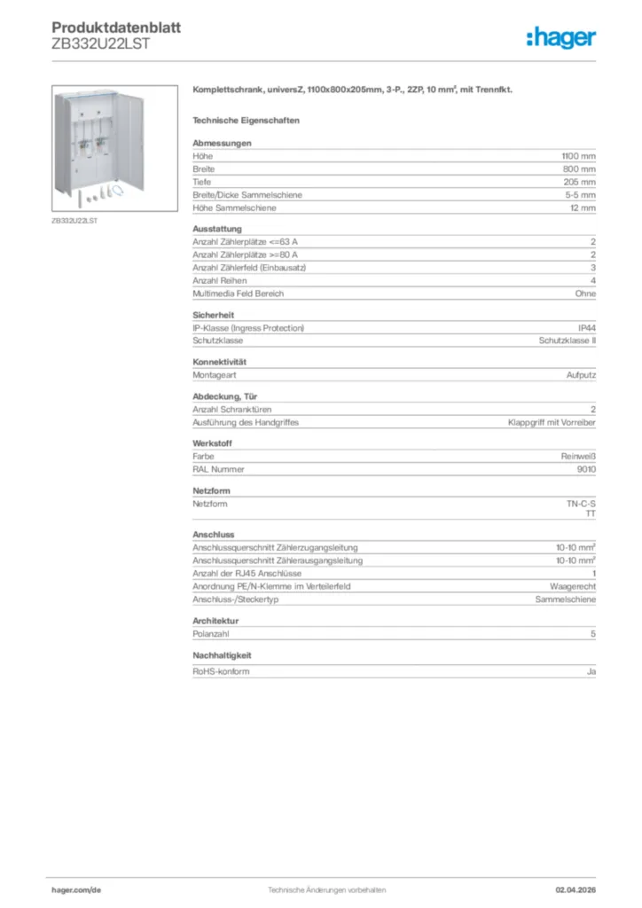 Bild Hager Produktdatenblatt ZB332U22LST | Hager Deutschland