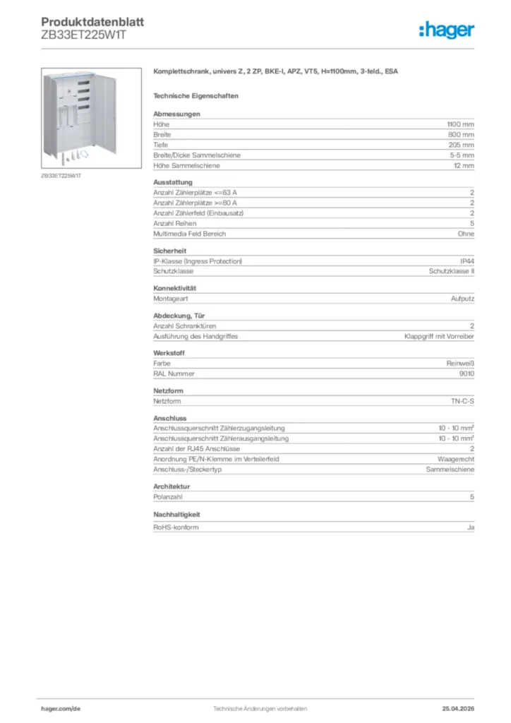 Bild Hager Produktdatenblatt ZB33ET225W1T | Hager Deutschland