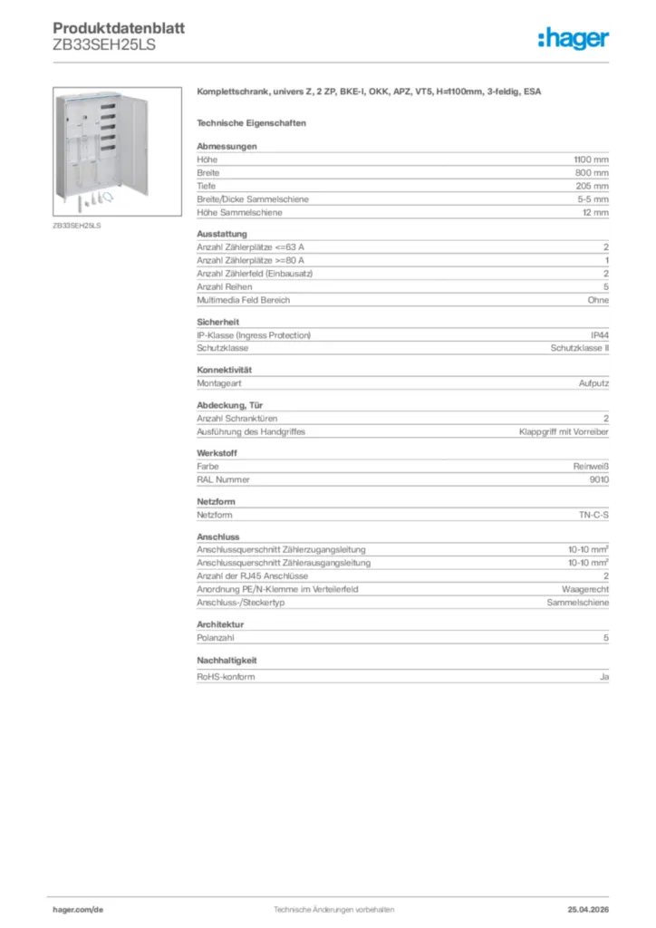 Bild Hager Produktdatenblatt ZB33SEH25LS | Hager Deutschland