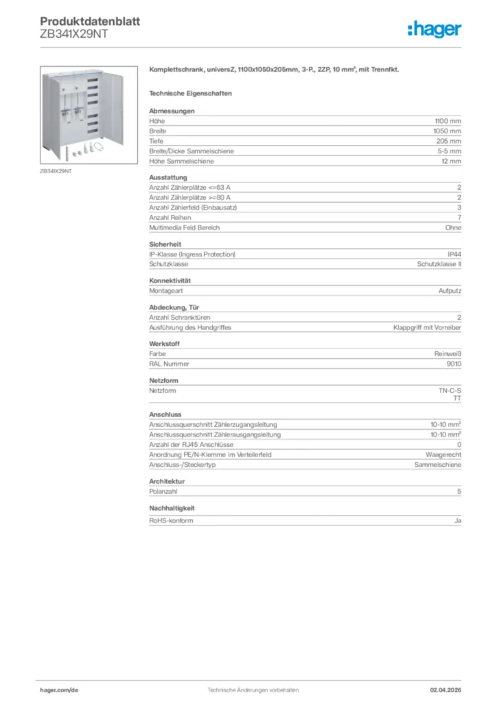 Bild Hager Produktdatenblatt ZB341X29NT | Hager Deutschland
