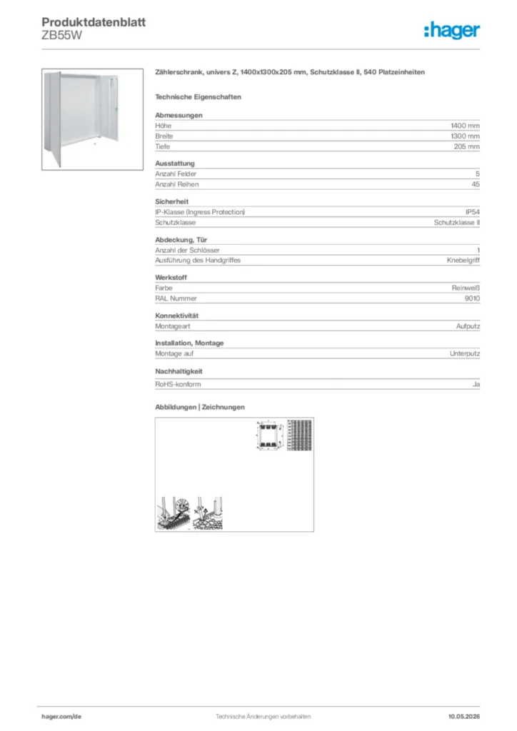 Bild Hager Produktdatenblatt ZB55W | Hager Deutschland