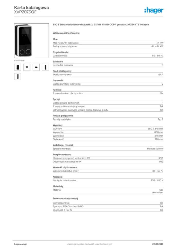Zdjęcie Hager Karta katalogowa XVP207SQF | Hager Polska