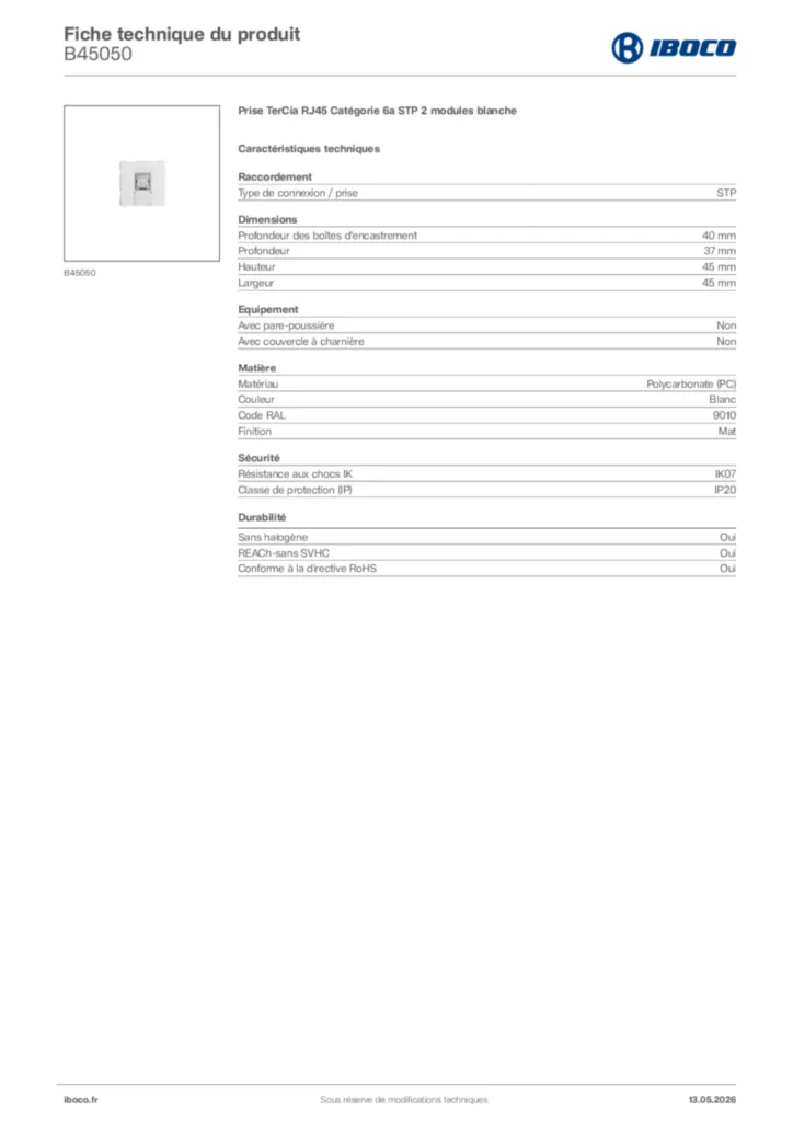 Image Iboco Fiche technique du produit B45050 | Hager France
