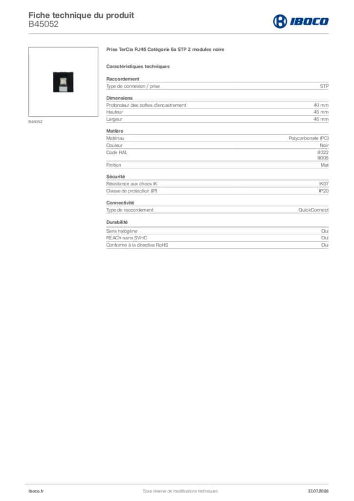 Image Iboco Fiche technique du produit B45052 | Hager France