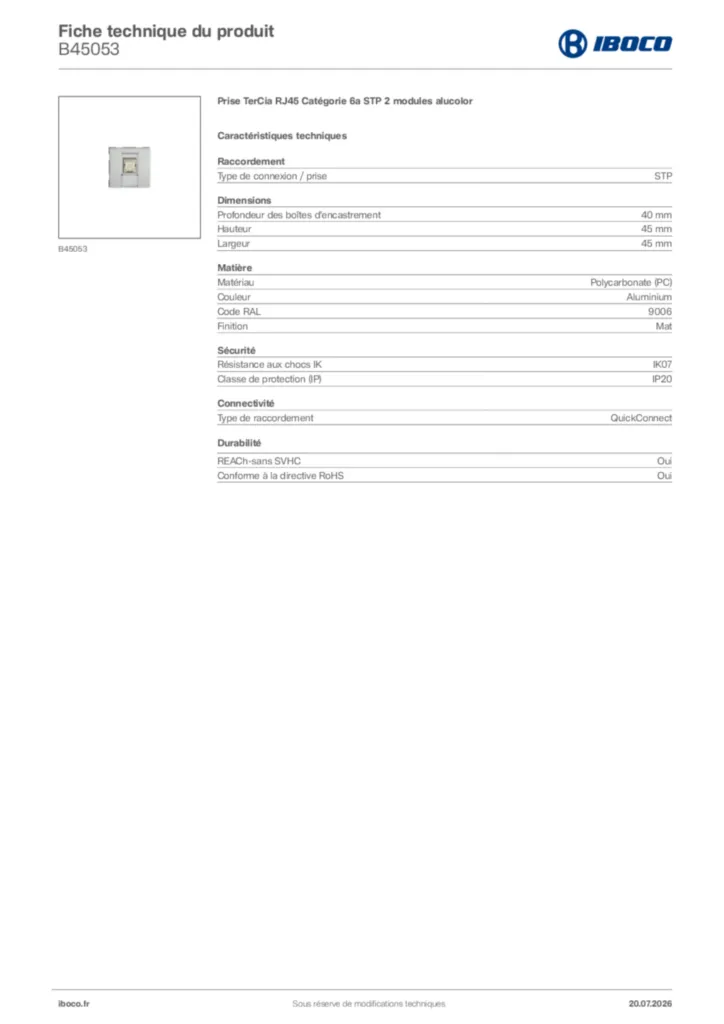 Image Iboco Fiche technique du produit B45053 | Hager France