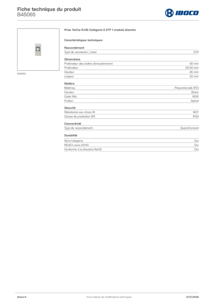 Image Iboco Fiche technique du produit B45065 | Hager France