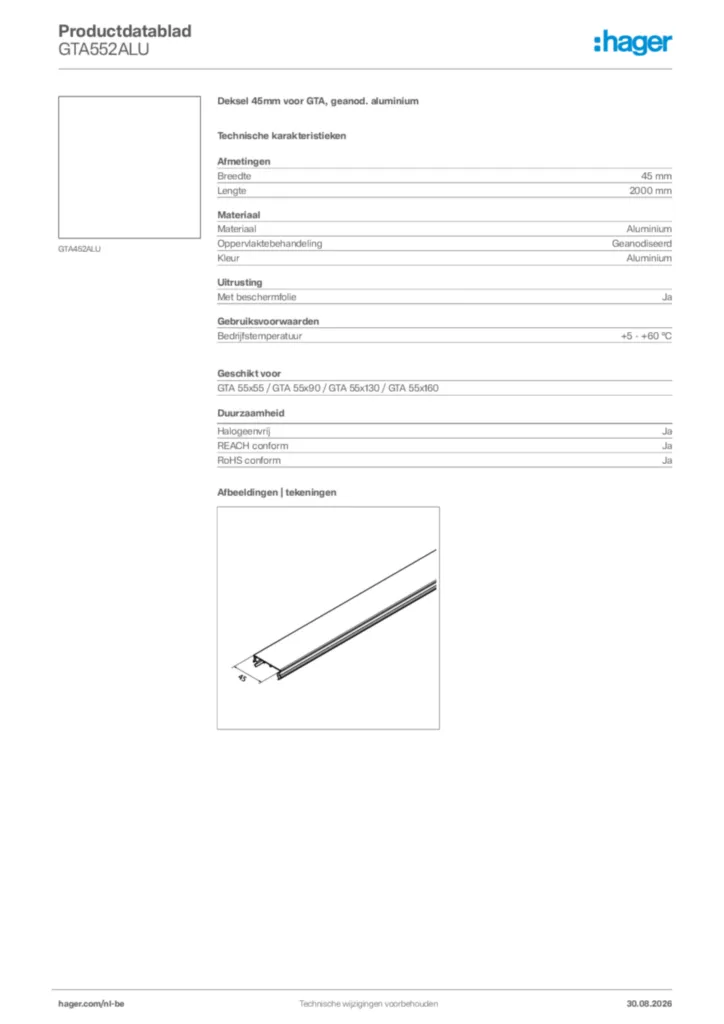 Afbeelding Hager Productdatablad GTA552ALU | Hager Belgium