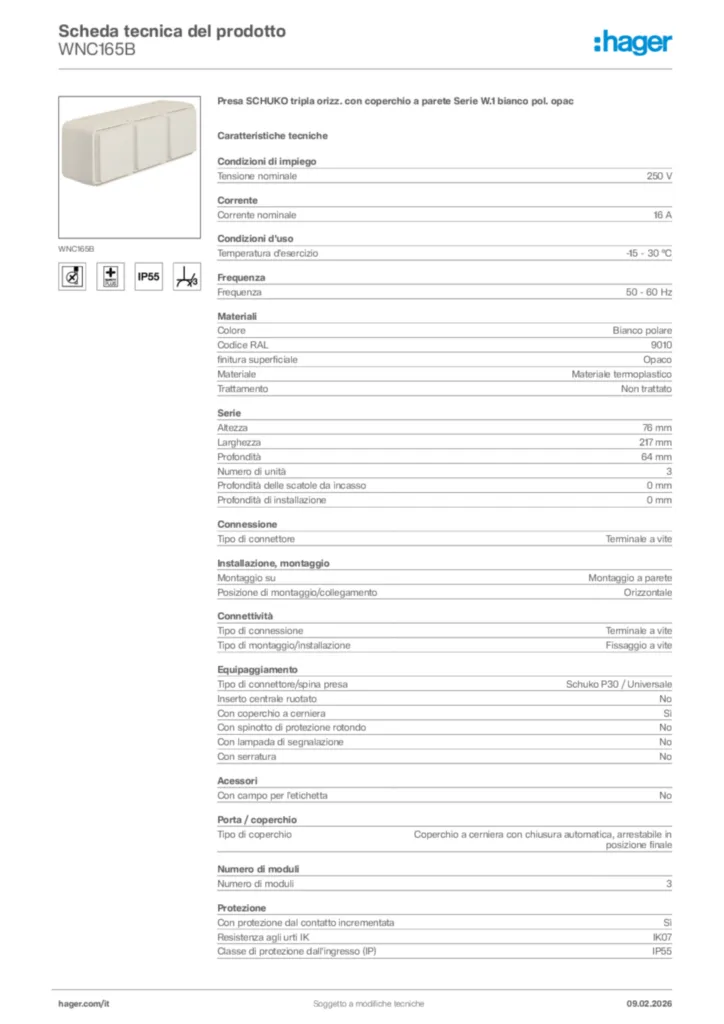 Immagine Hager Scheda tecnica del prodotto WNC165B | Hager Italia