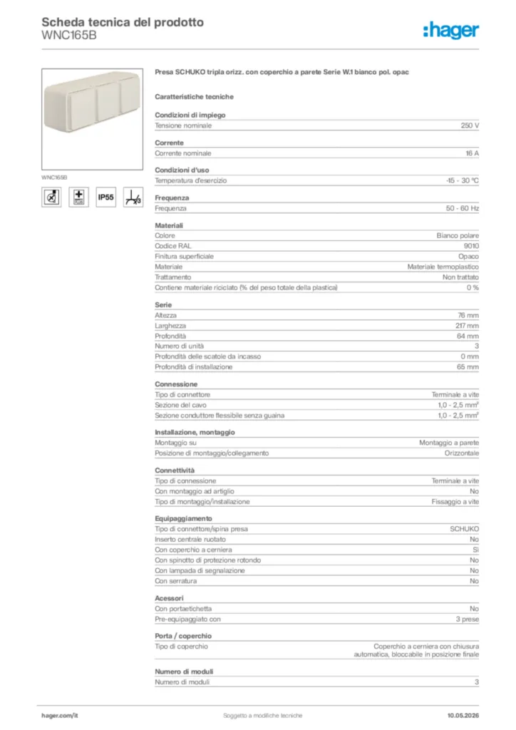 Immagine Hager Scheda tecnica del prodotto WNC165B | Hager Italia