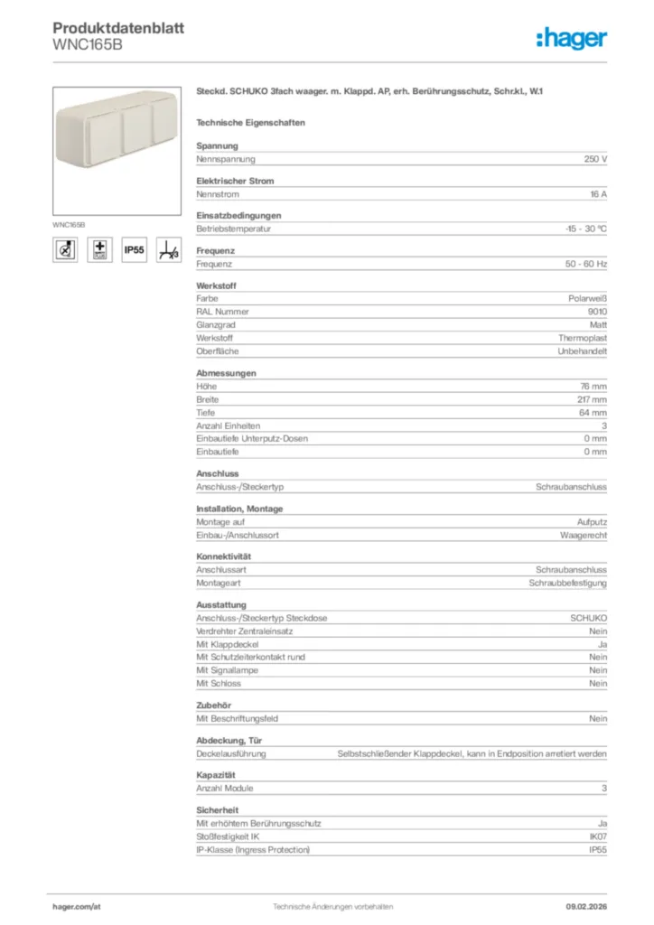 Bild Hager Produktdatenblatt WNC165B | Hager Deutschland
