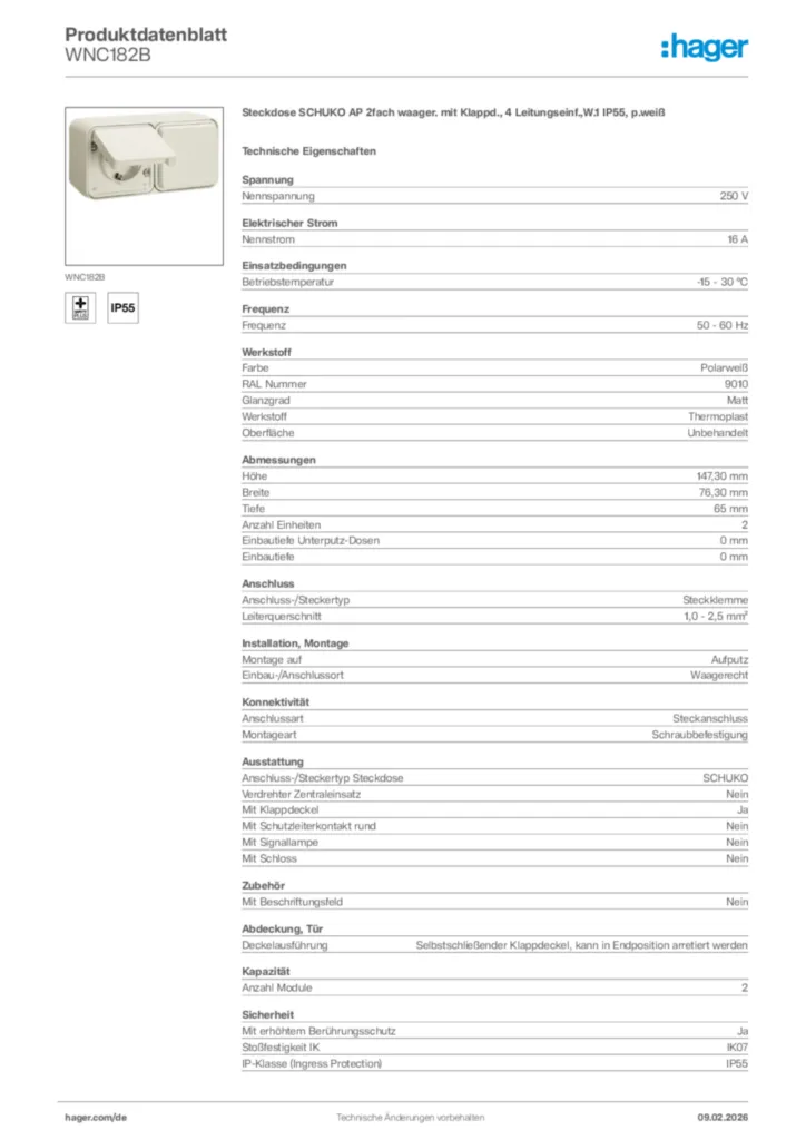 Bild Hager Produktdatenblatt WNC182B | Hager Deutschland
