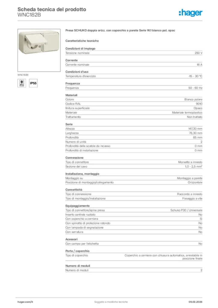 Immagine Hager Scheda tecnica del prodotto WNC182B | Hager Italia