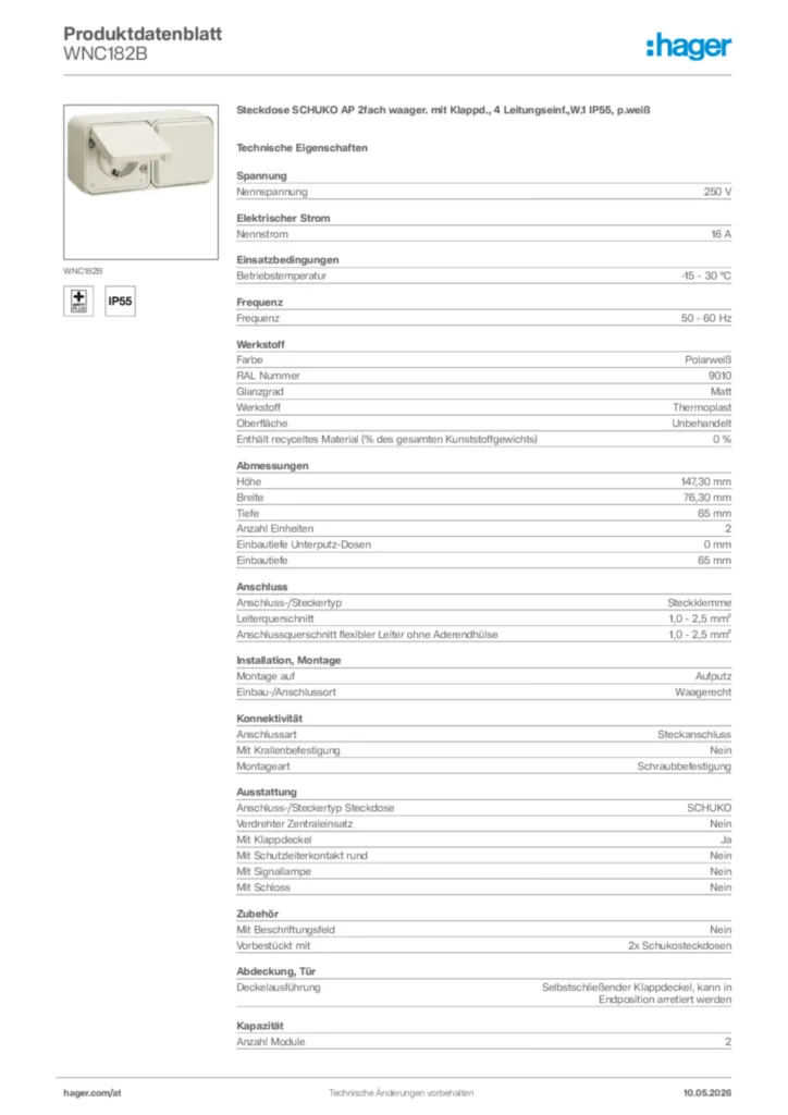 Bild Hager Produktdatenblatt WNC182B | Hager Deutschland