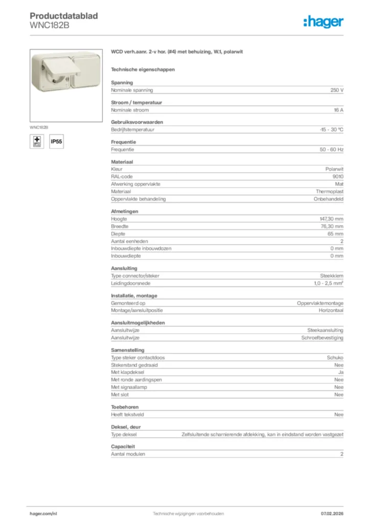 Afbeelding Hager Productdatablad WNC182B | Hager Nederland