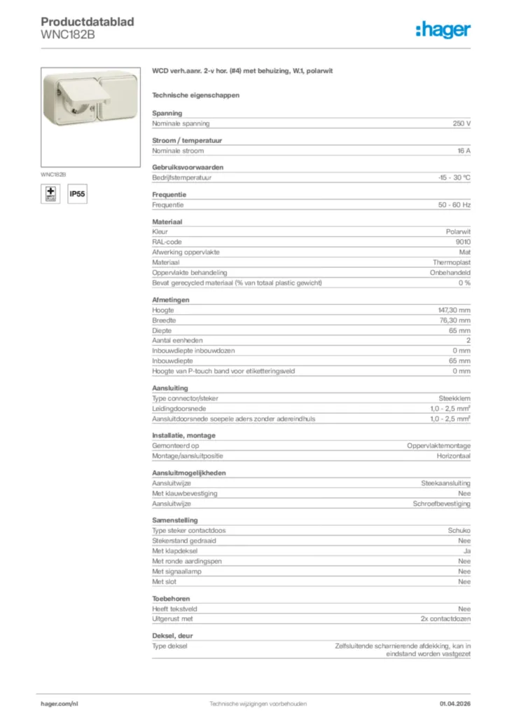 Afbeelding Hager Productdatablad WNC182B | Hager Nederland