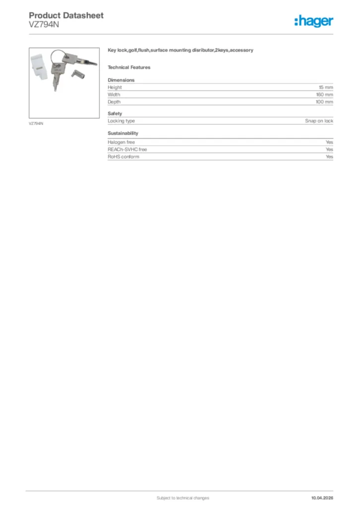 Image Hager Product data sheet VZ794N  | Hager Africa