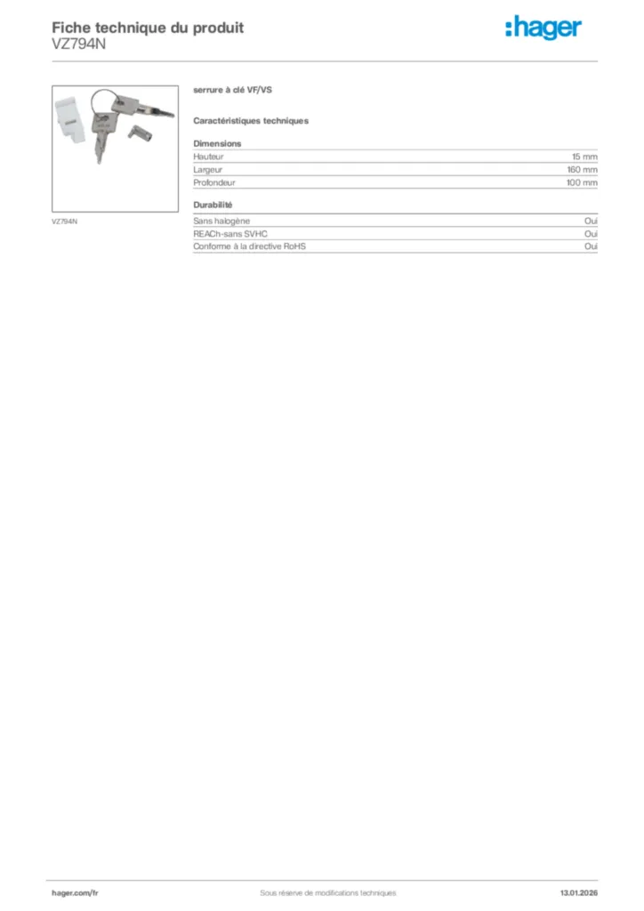 Image Hager Fiche technique du produit VZ794N | Hager France