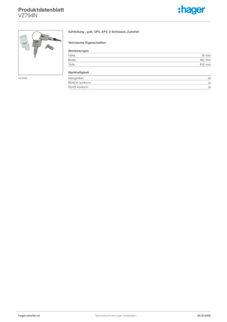Bild Hager Produktdatenblatt VZ794N | Hager Schweiz