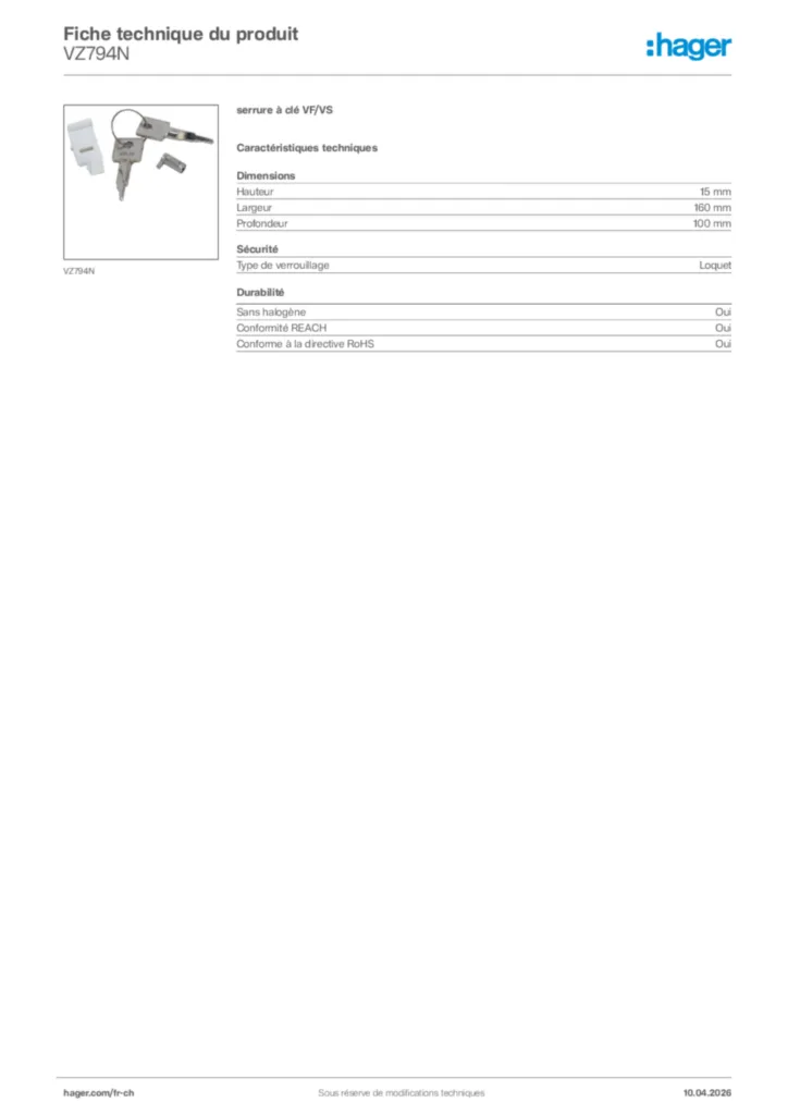 Image Hager Fiche technique du produit VZ794N | Hager Suisse