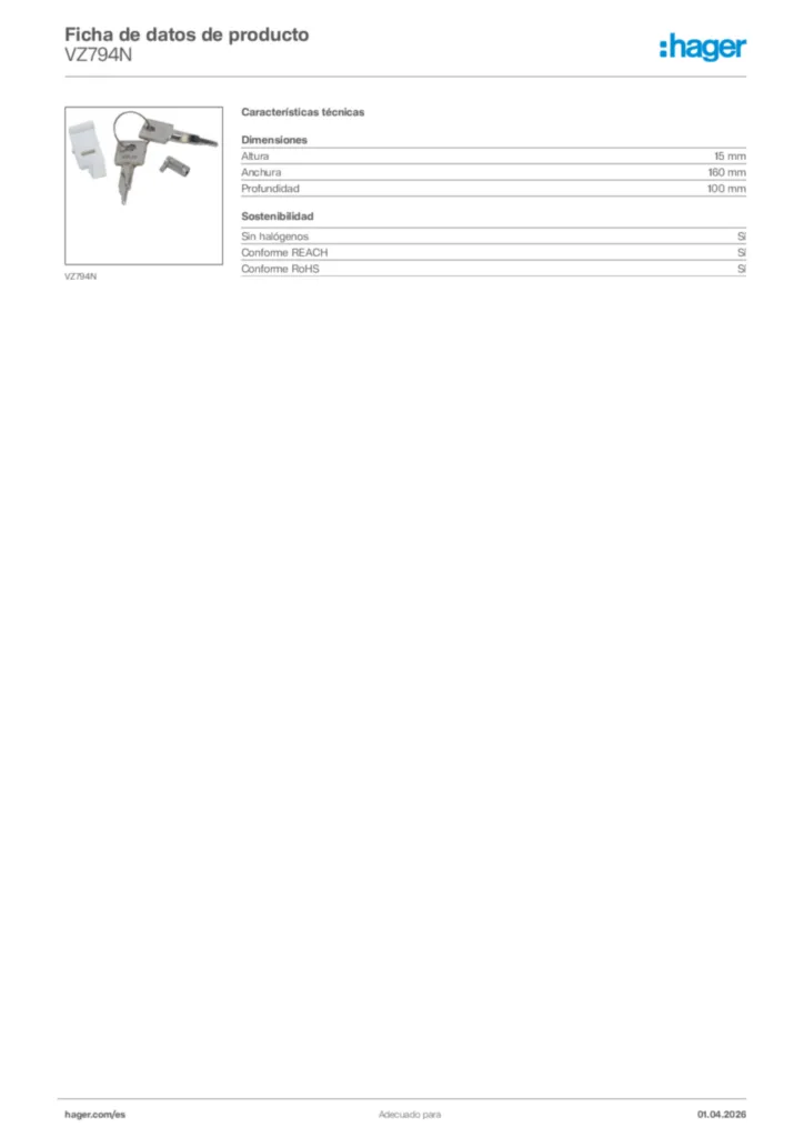 Imagen Hager Ficha de datos de producto VZ794N | Hager España