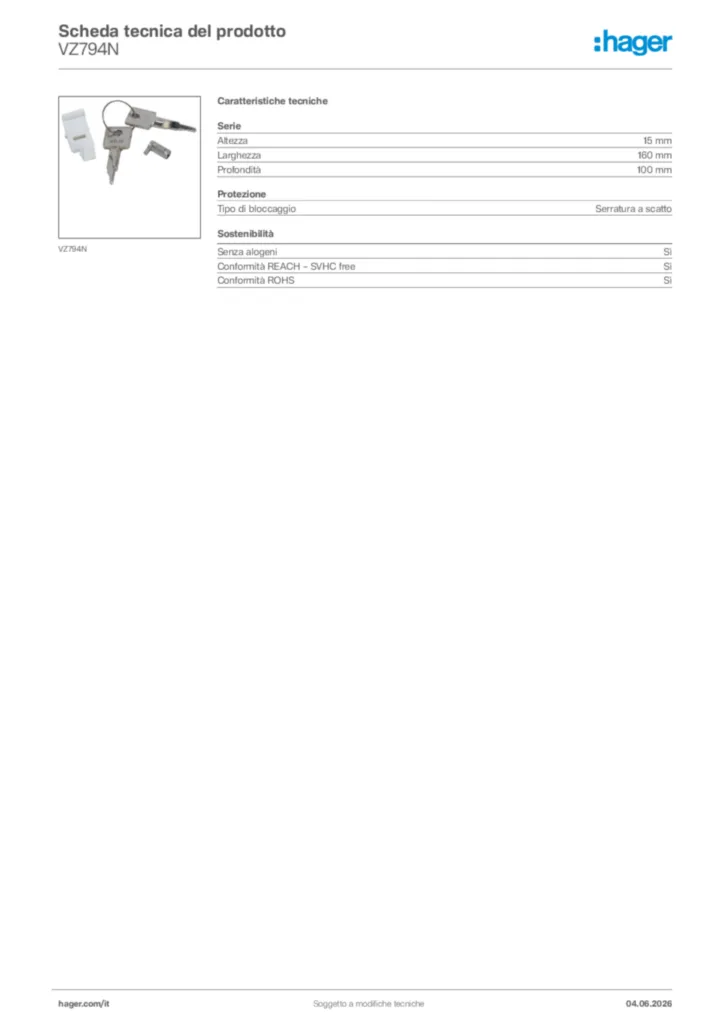 Immagine Hager Scheda tecnica del prodotto VZ794N | Hager Italia