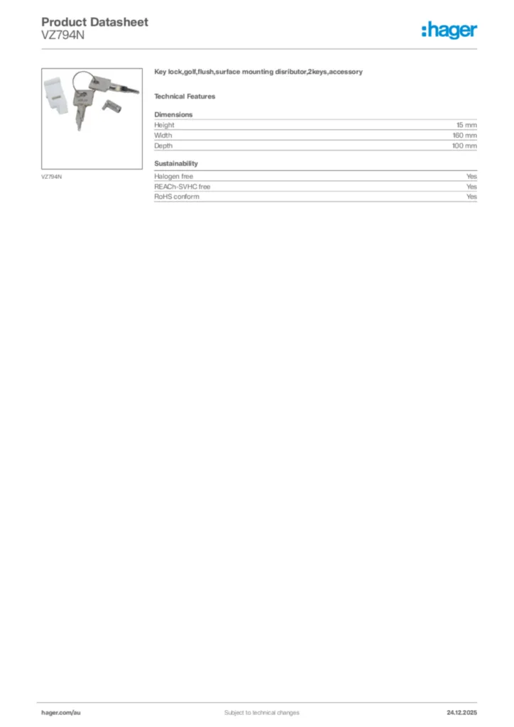 Image Hager Product data sheet VZ794N  | Hager Australia