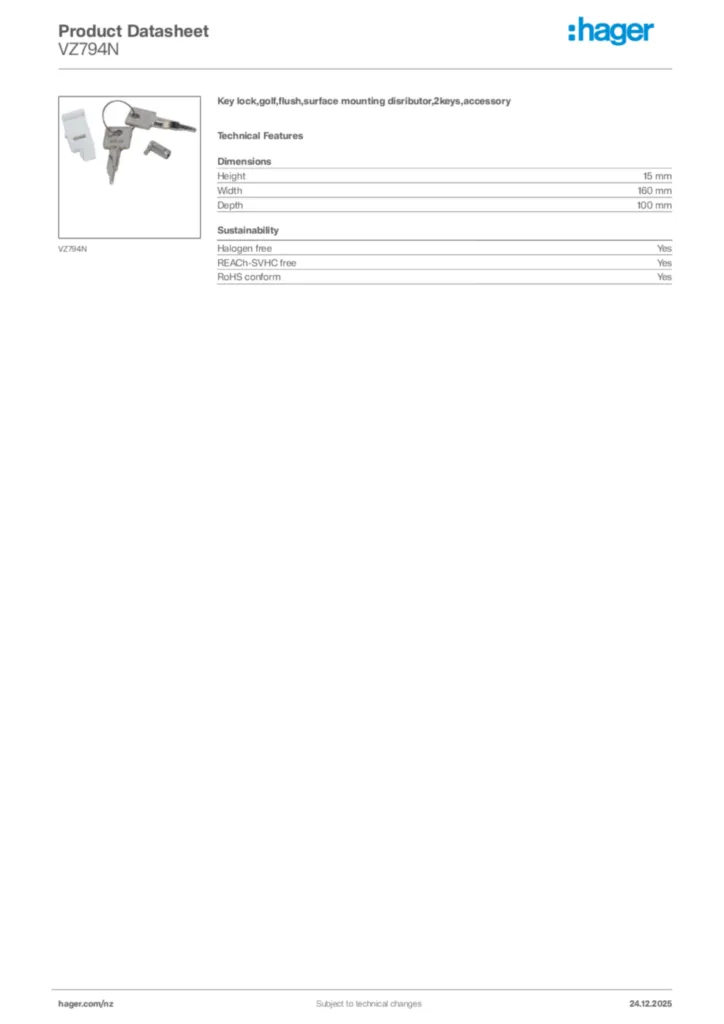 Image Hager Product data sheet VZ794N  | Hager New Zealand