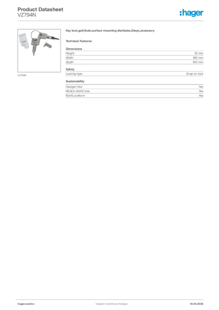 Image Hager Product data sheet VZ794N  | Hager New Zealand