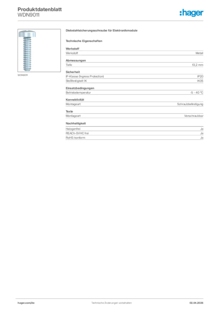Bild Hager Produktdatenblatt WDN9011 | Hager Deutschland