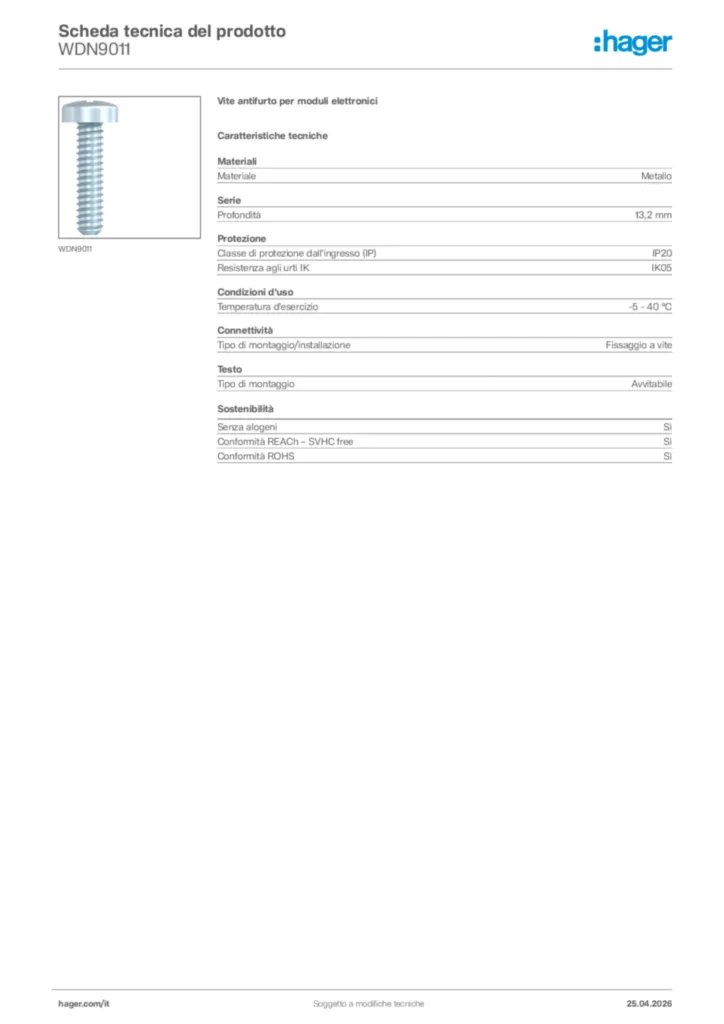 Immagine Hager Scheda tecnica del prodotto WDN9011 | Hager Italia