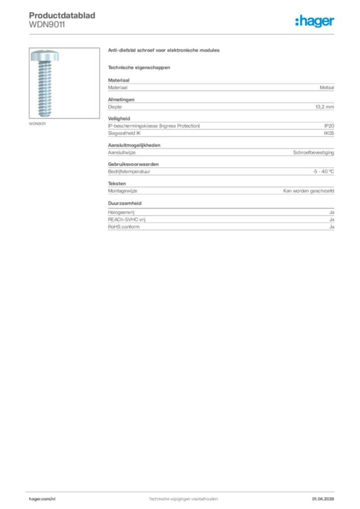 Afbeelding Hager Productdatablad WDN9011 | Hager Nederland