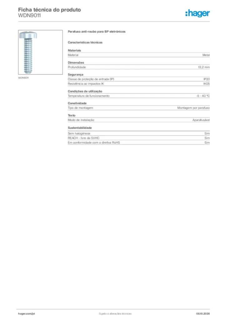 Imagem Hager Ficha técnica do produto WDN9011 | Hager Portugal