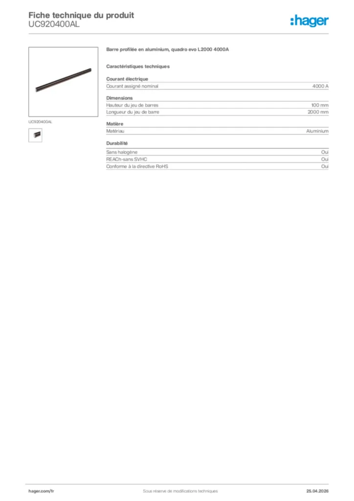 Image Hager Fiche technique du produit UC920400AL | Hager France
