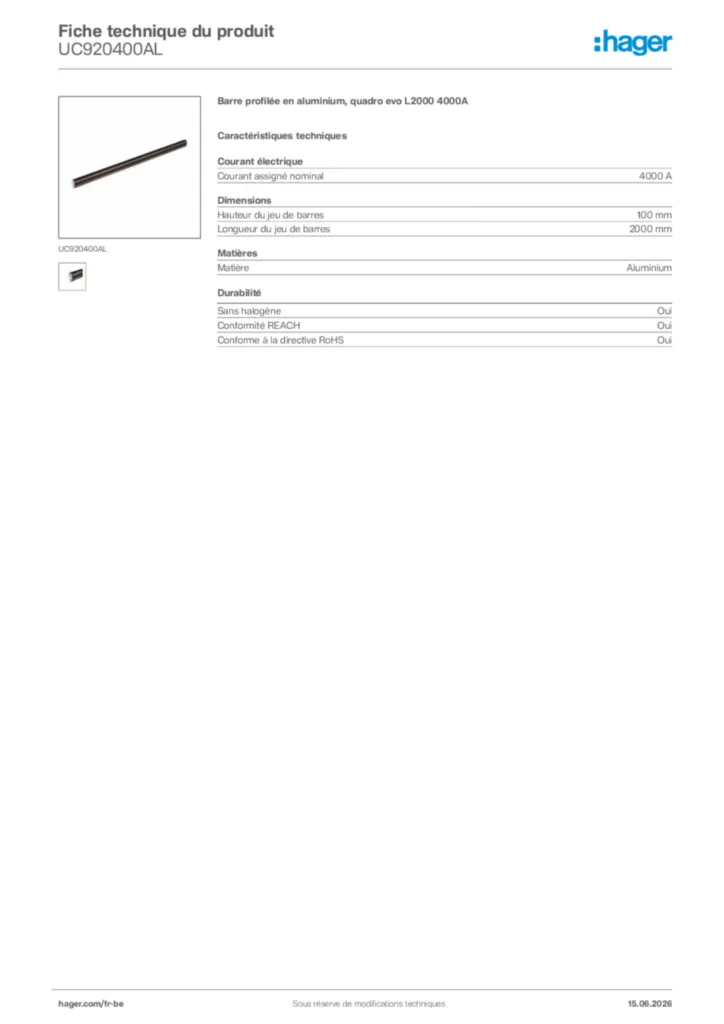 Image Hager Fiche technique du produit UC920400AL | Hager Belgique