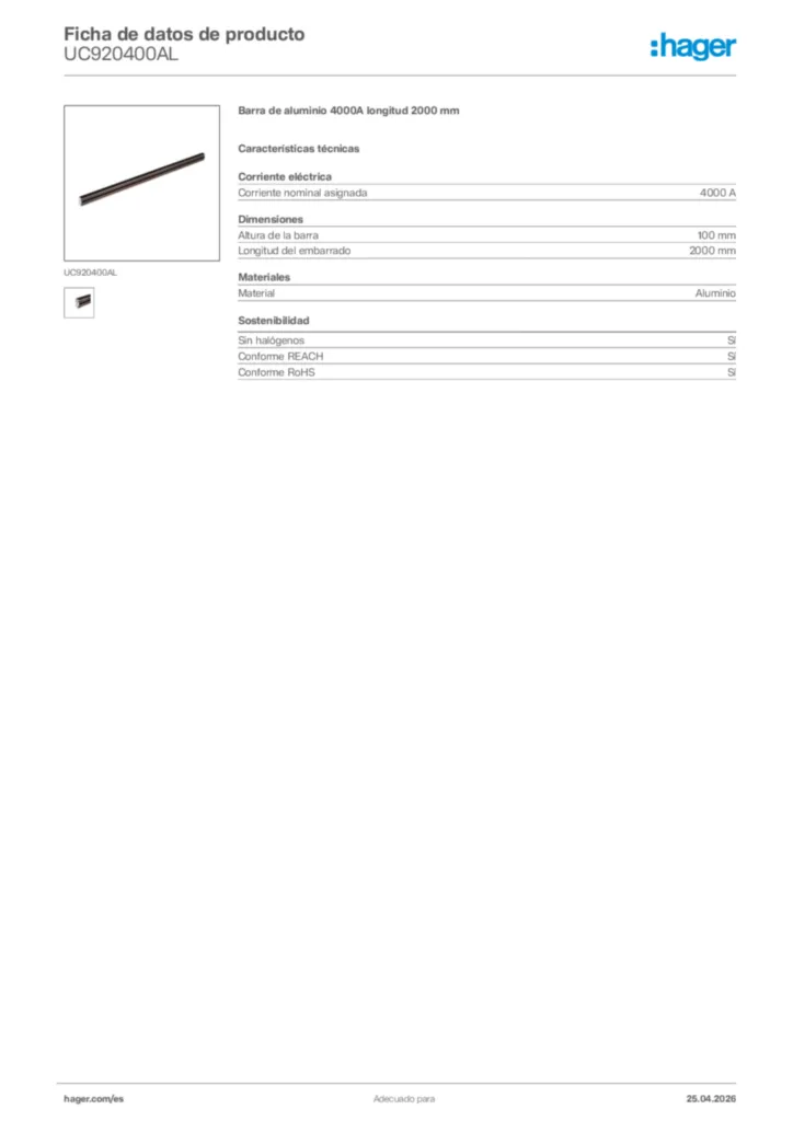 Imagen Hager Ficha de datos de producto UC920400AL | Hager España