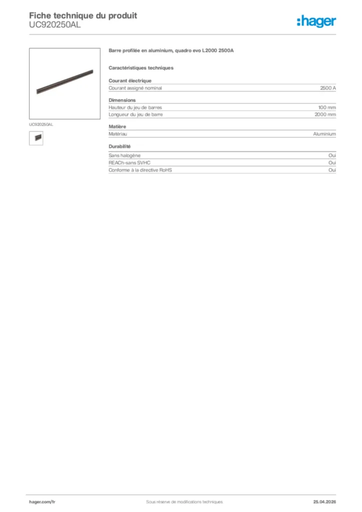 Image Hager Fiche technique du produit UC920250AL | Hager France