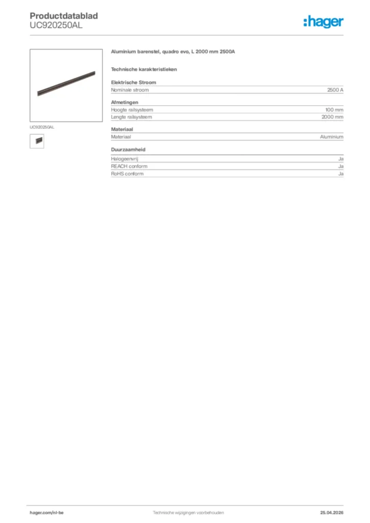 Afbeelding Hager Productdatablad UC920250AL | Hager Belgium