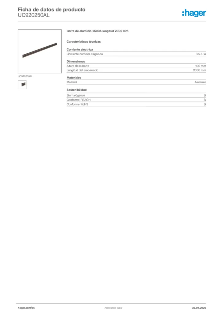 Imagen Hager Ficha de datos de producto UC920250AL | Hager España