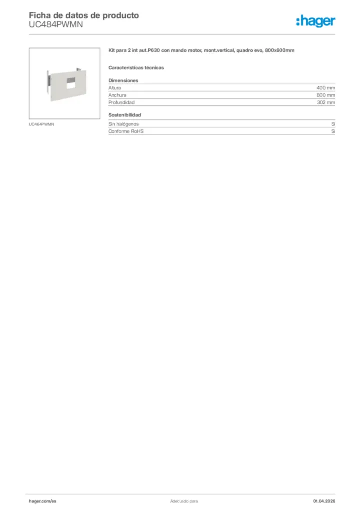 Imagen Hager Ficha de datos de producto UC484PWMN | Hager España