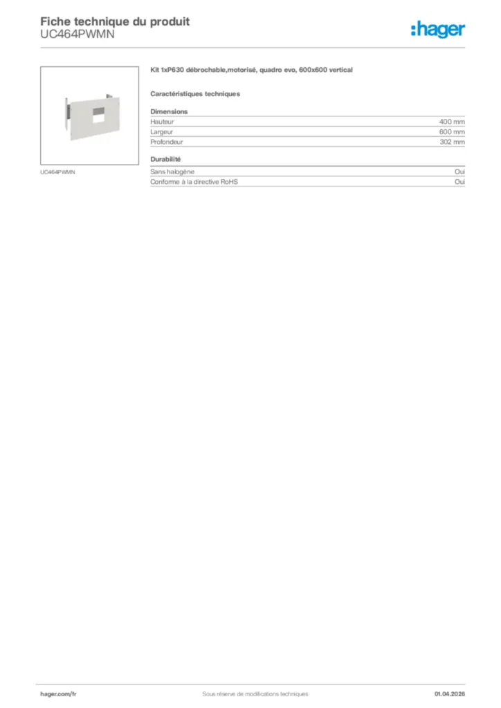 Image Hager Fiche technique du produit UC464PWMN | Hager France