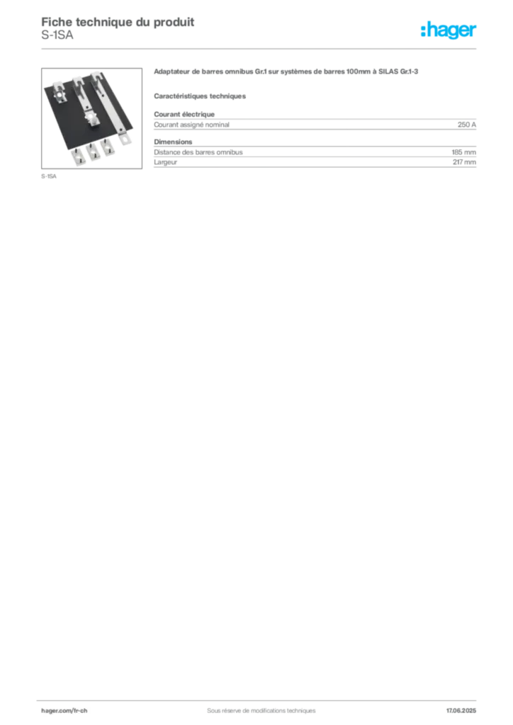 Image Hager Fiche technique du produit S-1SA | Hager Suisse
